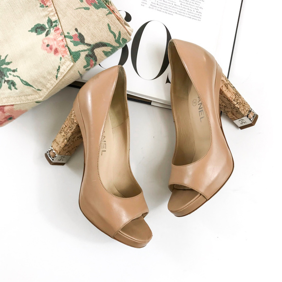 CHANEL Shoes - Chanel Chain Link Logo Cork Heel Peep Toe Pumps